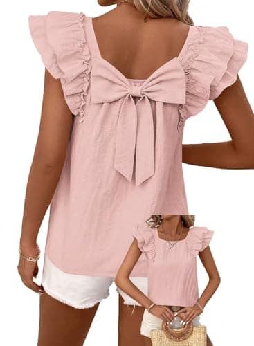 Falechay Womens Summer Tops Cute Crewneck Ruffle Sleeve Clothes Going Out Puffed Short Sleeves Casual Babydoll Teen Wrinkles Loose Fit Shirts 2025 Women Fashion Trendy Top Flowy Bow Tie Tunic Pink L - Image 1