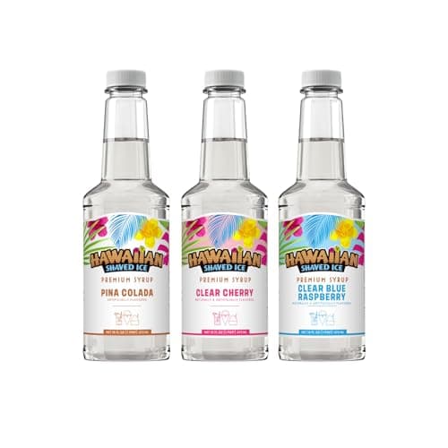 Hawaiian Shaved Ice Syrup Assortment, 3 - 16oz Bottles of The Most Popular Flavors: Clear Cherry, Pina Colada, Clear Blue Raspberry. For Shaved Ice, Snow Cones, Sodas, Ice Pops, and Slushies. Allergy-Friendly. Dye-Free. No Artificial Colors - Image 1