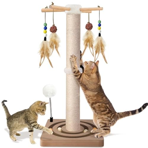 Cat Scratching Post, Sisal, Interactive Furniture Toys for Indoor Cats Adults, 2 Mounting Methods Scratcher Tree Tower with Hanging and Ball Track, Activity Center for Kitten, 25 inches - Image 1