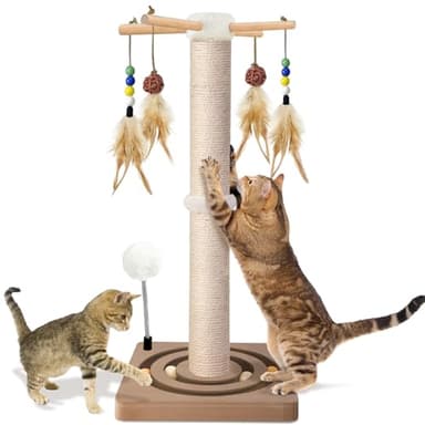 Cat Scratching Post, Sisal, Interactive Furniture Toys for Indoor Cats Adults, 2 Mounting Methods Scratcher Tree Tower with Hanging and Ball Track, Activity Center for Kitten, 25 inches - Image 1