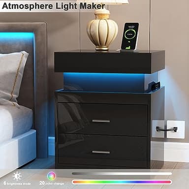 ChooChoo LED Nightstand Set of 2,Smart Night Standwith Charging Station and Sliding Top Storage, Black - Image 3
