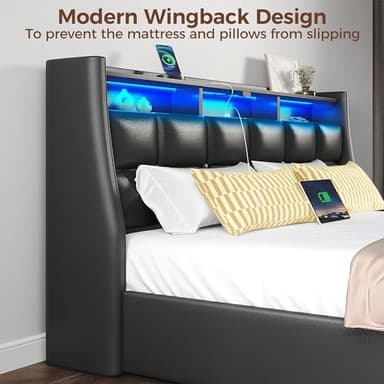 Rolanstar Full Size Bed Frame with LED Lights and Charging Station, PU Leather Bed Storage Headboard & Drawers, Heavy Duty Wood Slats, Easy Assembly, Black - Image 5