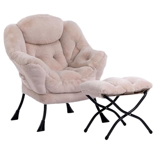HollyHOME Lazy Chair with Foldable Ottoman, Accent Comfy Lounge Armchair and Folding Footrest Stool, Leisure Sofa Reading Chair and Footstool for Living Room, Bedroom, Dorm,Faux Fur Light Camele - Image 1