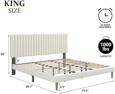 King Size Bed Frame with Velvet Upholstered Headboard, Platform Bed with Strong Wood Slats, Mattress Foundation, Box Spring Optional, Easy Assembly, Beige - Image 3