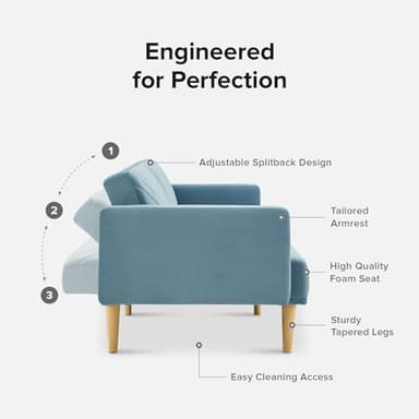 mopio 76.8" Futon Sofa Bed, Small Couch, Sleeper, Loveseat, Mid Century Modern Futon Couch, Sofa Cama, Couches for Living Room (Sky Blue Premium Velvet) - Image 3
