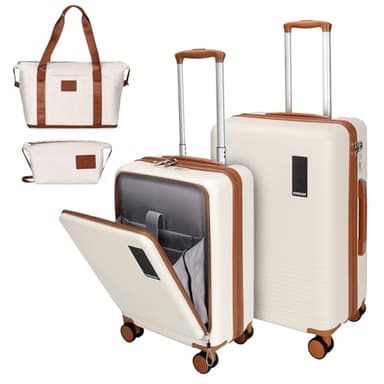 WireHot 2 Piece Luggage Sets with Spinner Wheels Front Open Pocket, ABS+PC Suitcase with TSA Lock & YKK Zipper, Carry On 20/24 inch Medium +Toiletry Bag+Handbag, Apricot Off White - Image 1