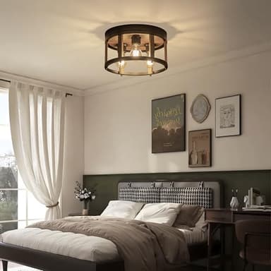 MAYNA 3-Light Retro Farmhouse Flush Mount Round Vintage Metal and Wood Ceiling Light Fixtures, Rustic Ceiling Lamp for Kitchen, Hallway, Entryway, Bedroom, Dining Room - Image 2