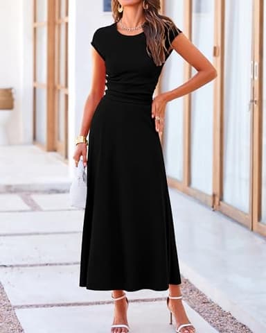 BTFBM Women Two Piece Skirt Set Summer 2025 Casual Vacation Crew Neck Short Sleeve Cropped Top Elastic Waist Midi Skirts(Black, Large) - Image 4
