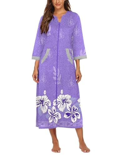 Ekouaer Robe for Women Zipper Robe 3/4 Sleeves Loungewear Full Length Sleepwear Pocket Housecoat Nightgown Long Bathrobe - Image 2