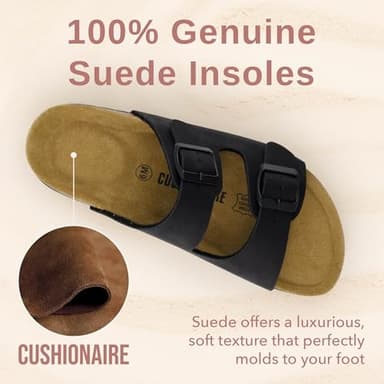 CUSHIONAIRE Lane Cork Footbed Sandals for Women – Comfortable Double Buckle Slip-On with Genuine Suede Footbed & Arch Support Slides for Women Footwear, BLACK 9 - Image 3