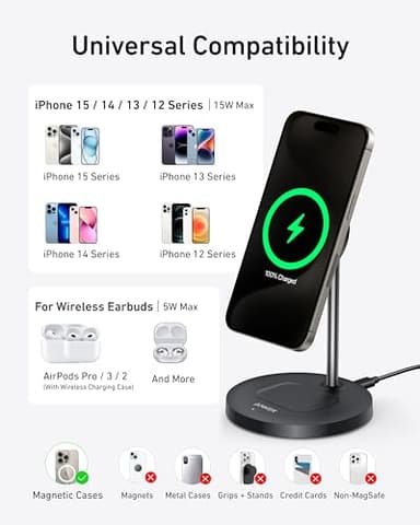 Anker MagSafe Compatible MagGo Charger Stand, iPhone 17 Wireless Charger, 2-in-1 Charging Station, Qi2 Certified 15W Fast Charging, for iPhone 17/16/15/14/13/12, AirPods Pro (White, No Adapter) - Image 6