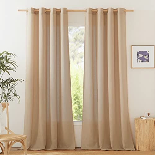 NICETOWN Linen Flax Semi Sheer Curtains 92" Length, Grommet Window Treatments Privacy Added with Light Penetration Vertical Drapes for Loft/Home Office, Camel, W55 x L92, 2 Panels - Image 1