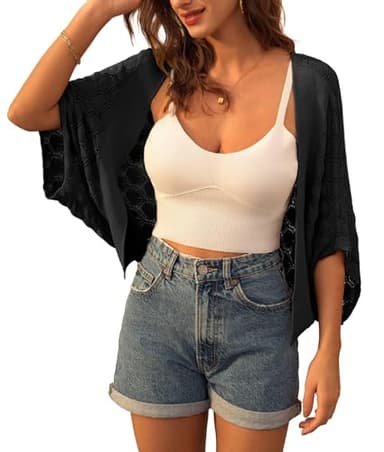 Summer Cardigan for Women Lightweight Open Front Crochet Draped Shrug Black S - Image 1