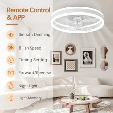 SAMPHON Low Profile Ceiling Fans with Lights and Remote, 15.7'' Led Flush Mount Ceiling Fan, Stepless Dimmable Bladeless Small Ceiling Fans with Lights for Bedroom, Living Room and Kitchen - White - Image 7