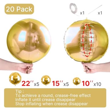 PartyWoo Metallic Gold Foil Balloons 20pcs Different Sizes Pack of 22 15 10 Inch Large Round Foil Orbz 4D Inflatable Mirror Ball Mylar Balloons for Graduation Birthday Baby Shower Party Decorations - Image 4