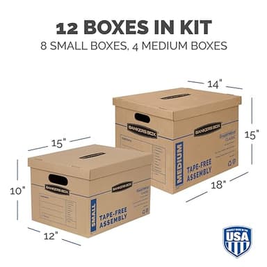 Bankers Box Classic Moving Box 12 Pack Kit, Reinforced Handles, Tape-Free Assembly, Box with Lid, 8 Small and 4 Medium Boxes (7716401) - Image 3