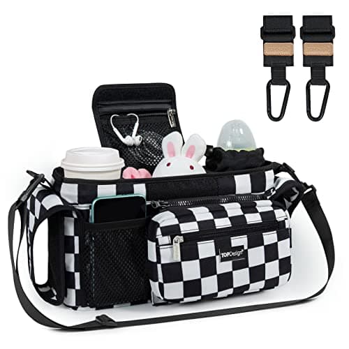 TOPDesign Universal Baby Stroller Organizer, Stroller Caddy with Heightened Insulated Cup Holders & Non-Slip Secure Hooks Accessories, Fits Most Strollers, Machine Washable (Checkerboard) - Image 1