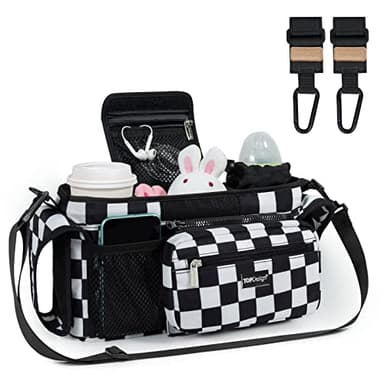 TOPDesign Universal Baby Stroller Organizer, Stroller Caddy with Heightened Insulated Cup Holders & Non-Slip Secure Hooks Accessories, Fits Most Strollers, Machine Washable (Checkerboard) - Image 1