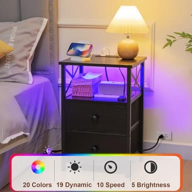 AMHANCIBLE Night Stand Set 2, LED Nightstand with Charging Station, End Tables Living Room with Fabric Drawers, Bedside Table for Bedroom, Black, HET052LBK - Image 6