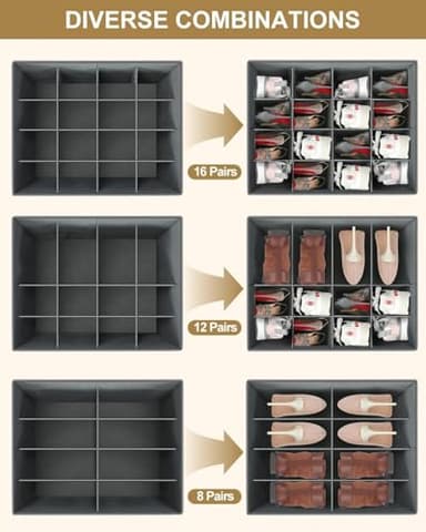 NEATJELAI Large Shoe Storage-2 Pack,Shoe Organizer for Closet Foldable Shoe Boxes with Adjustable Dividers and Clear Cover, Fits up to 32 Pairs, Grey - Image 6