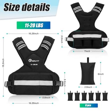 NEALFIT Weighted Vest for Women and Men, 5-10lb/11-20lb/18-30lb Adjustable Weighted Vest with Reflective Strip, Body Weight Vest for Walking, Running, Fitness, Strength Training (Black, 11-20 lbs) - Image 2