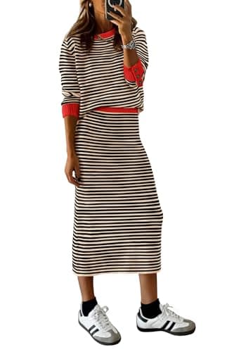 PRETTYGARDEN 2 Piece Skirts Sets For Women Fall Fashion 2025 Striped Sweater Dress Knit Lounge Travel Outfits Winter Clothing (Beige Stripe,Small) - Image 1