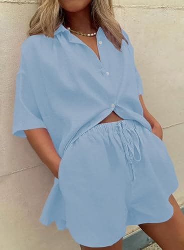 Fixmatti Women 2 Piece Outfit Linen Short Set Button Down Shirt High Waisted Shorts Blue M - Image 8