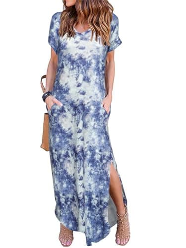 HUSKARY Women's Summer Maxi Dress Casual Loose Pockets Long Dress Short Sleeve Split - Image 1