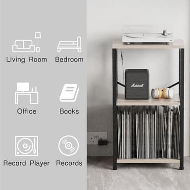YAKANJ End Table with LED Light,Record Player Stand with Albums Storage,Vinyl Records Storage,Turntable Stand Side Table for Music Room Studio Living Room Bedroom-Greige - Image 7