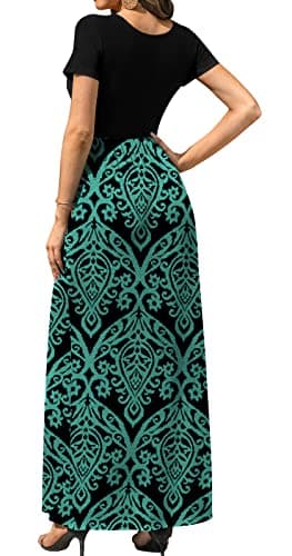 DB MOON Womens Casual Maxi Dresses Short Sleeve Empire Waist Long Dress for Beach with Pockets(Black and Blue Green, L) - Image 3