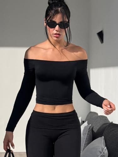 YEOREO Sophie Women Off Shoulder Long Sleeve Shirts Double Lined Basic Undershirt Y2K Going Out Tops Black-S - Image 2