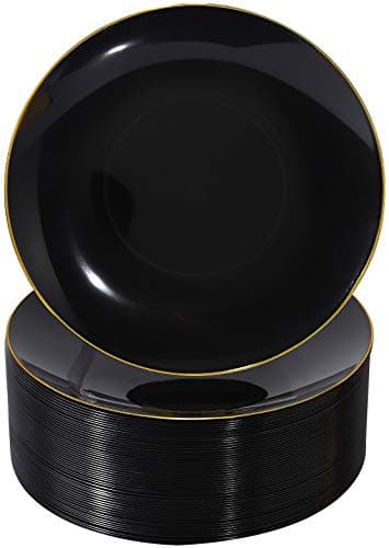 Nervure 100PCS Black and Gold Plastic Plates - 10.25 inch Black Disposable Plates - Gold Rim Dinner Plate - Black Dinner Plate Ideal for Wedding & Party & Halloween - Image 1