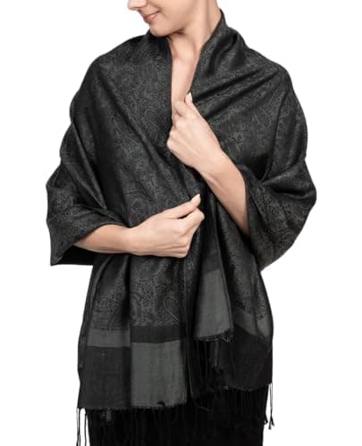 Achillea Women's Two Tone Vintage Jacquard Paisley Pashmina Shawl Wrap Scarf (Charcoal Gray) - Image 1