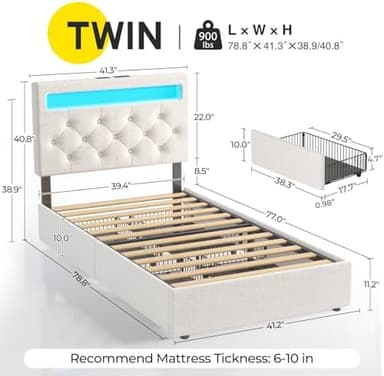 Rolanstar Twin Bed Frame with 4 Storage Drawers and Charging Station,Twin Bed with Led Lights, 2 USB & 1 Type C, Adjustable Headboard 38.9/40.8 Inches, No Box Spring Needed, White - Image 3