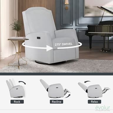 Evolur Olivia Power Recline Glider with Padded Armrests and Plush Cushioning, 275-degree Swivel in Misty Grey - Image 6