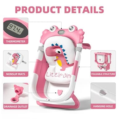 Collapsible Baby Bathtub for Newborns to Toddler with Real-time Temp Monitor & Floating Cushion,Portable Travel Tub for 0-36 Month, Foldable Baby Bath Tub for Infants Girl (Pink) - Image 4