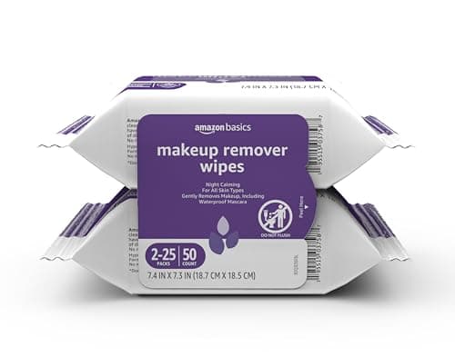Amazon Basics Makeup Remover Wipes, Gentle Cleansing, Dermatologist Tested, Night Calming, Plant Based, Alcohol Free, Removes Waterproof Mascara, 25 Count Per Pack, Pack of 2 (Previously Solimo) - Image 1