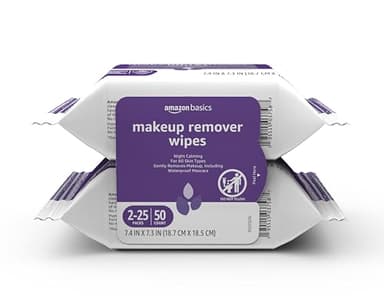 Amazon Basics Makeup Remover Wipes, Gentle Cleansing, Dermatologist Tested, Night Calming, Plant Based, Alcohol Free, Removes Waterproof Mascara, 25 Count Per Pack, Pack of 2 (Previously Solimo) - Image 1