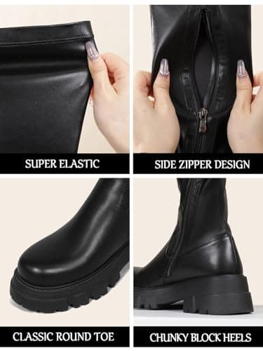 CouieCuies Black Thigh High Boots For Women Platform Over The Knee High Boots Lug Sole Comfortable Stretch Boots Low Heels Black 11 - Image 2