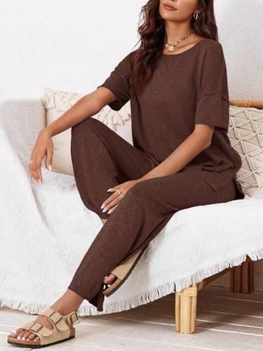 Tankaneo Women's 2 Piece Travel Outfits Casual Short Sleeve Knit Sweater Set Wide Leg Pants Lounge Sets Tracksuit - Image 5