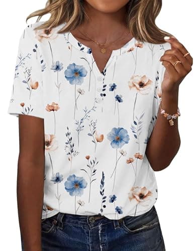 Zeagoo Dressy Tops for Women Short Sleeve Summer Outfits Loose Fit V Neck T Shirts Fall Dressy Blouses Floral White - Image 1