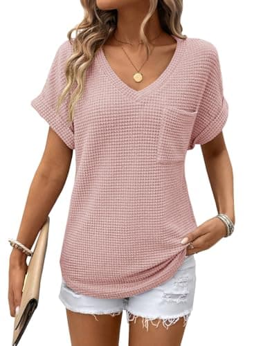 Dokotoo Cute Summer Tops for Women V Neck Short Sleeve Waffle Knit Shirts Fashion 2025 Spring Business Casual Ladies Tops and Blouses Cruise Outfits Shirts Tops for Women Apricot Pink - Image 1