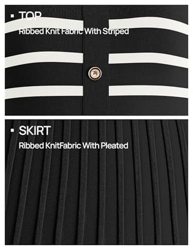ZESICA Women's 2025 Casual Striped Midi Dress Crewneck Short Sleeve Button Ribbed Knit Swing Pleated A Line Dresses,Black,Medium - Image 6