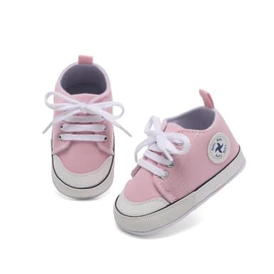 Baby Girls Boys Shoes Soft Anti-Slip Sole Newborn First Walkers Star High Top Canvas Denim Unisex Infant Sneaker(A01-Light Pink03,0-6 Months) - Image 3