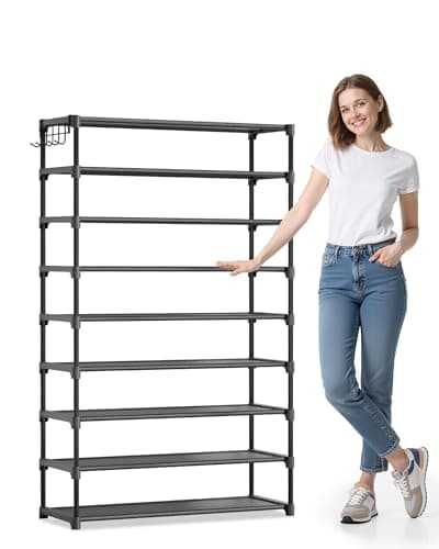 Kitsure Shoe Rack for Closet - 9-Tier Shoe Organizer with Hook Rack, Large-Capacity & Space-Saving Shoe Shelf for Entryway, Bedroom, Living Room,32.2" x 11.8" x 55.1", Black - Image 1