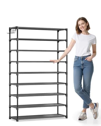 Kitsure Shoe Rack for Closet - 9-Tier Shoe Organizer with Hook Rack, Large-Capacity & Space-Saving Shoe Shelf for Entryway, Bedroom, Living Room,32.2" x 11.8" x 55.1", Black - Image 1
