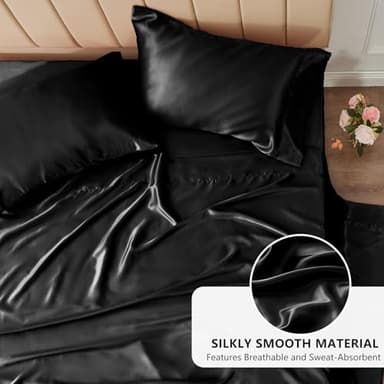 CozyLux Satin Sheets King Size - 4 Piece Black Bed Sheet Set with Silky Microfiber, 1 Deep Pocket Fitted Sheet, 1 Flat Sheet, and 2 Pillowcases - Smooth and Soft - Image 3