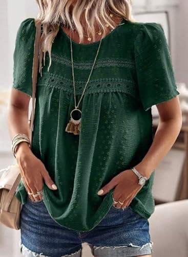 Falechay Dressy Tops Round Neck Flowy Dressy Tunic Tops Babydoll Cute Shirts for Women Loose Pom Pom Short Sleeve Dark Green Blouses Plus Size Clothes XL - Image 5