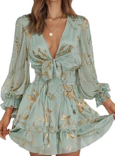 Dokotoo Womens Fall 2025 Sexy V Neck Ruffle Elegant Long Sleeve Empire Waist Tie Knot Chiffon Boho Tunic Swing A Line Flowy Mini Short Skater Dresses for Women Brunch Outfits for Women Green L - Image 1