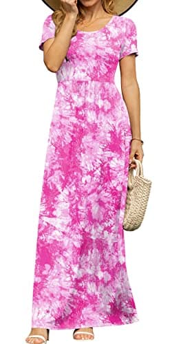 DB MOON Womens 2025 Casual Summer Maxi Dresses Short Sleeve Empire Waist Spring Long Dress with Pockets(Pink Tie Dye, M) - Image 4